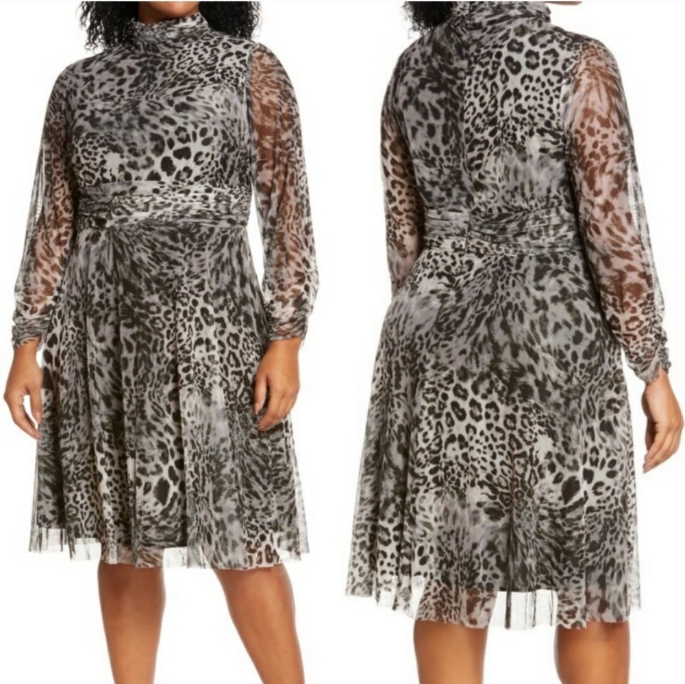 ELIZA J Long Sleeve Animal Print Mesh Dress, Size 20W
